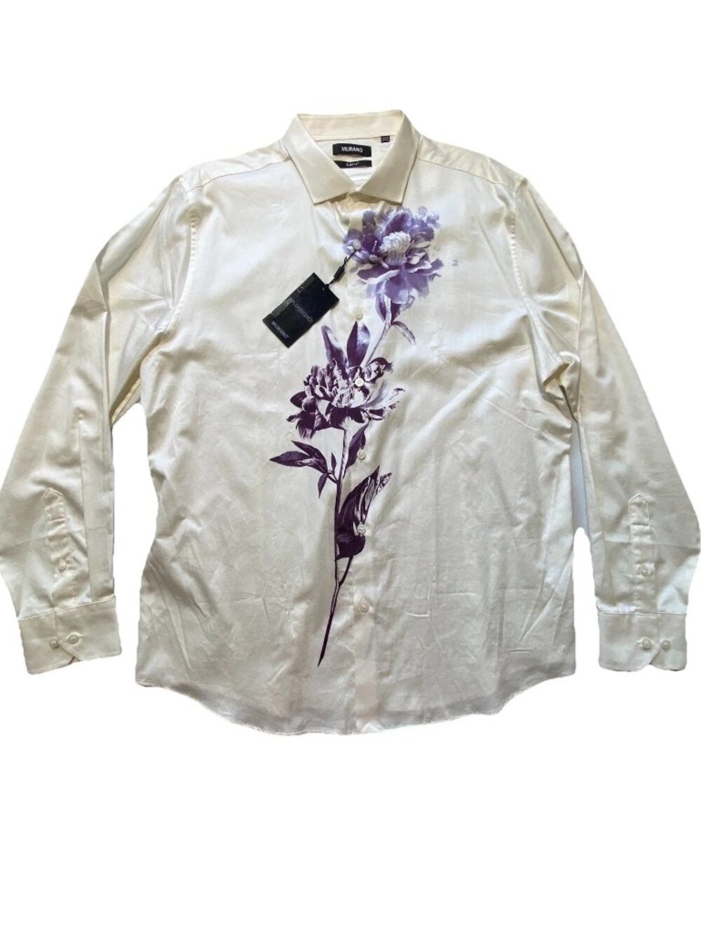 NEW Size XL Mens Murano Long Sleeve Button Front Shirt Inflorescence Cotton Ecru